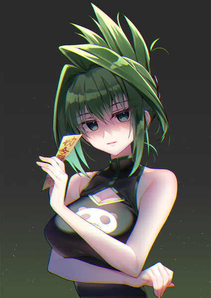 Anime picture 637x900 with shaman king xebec tao jun chihiro (khorosho) single tall image looking at viewer fringe short hair open mouth simple background hair between eyes upper body traditional clothes aqua eyes green hair black background chinese clothes shaded face animal print