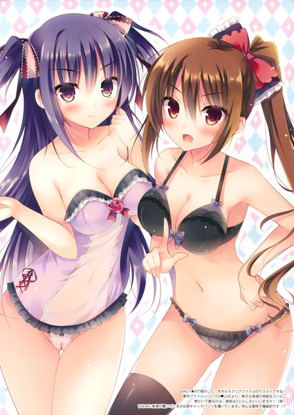 Anime picture 2338x3300 with original hisama kumako long hair tall image looking at viewer blush highres open mouth light erotic red eyes brown hair purple eyes multiple girls blue hair scan underwear only side ponytail girl thighhighs navel