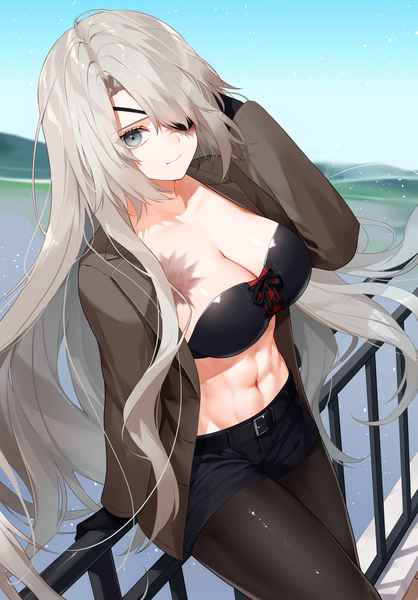 Anime picture 1800x2583 with original lydia macarthur waka (shark waka) single long hair tall image looking at viewer fringe highres breasts light erotic smile large breasts standing sky cleavage silver hair long sleeves arm up arm support