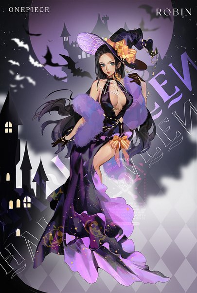 Anime picture 1080x1599 with one piece toei animation nico robin dywx poison single long hair tall image looking at viewer breasts blue eyes light erotic black hair large breasts full body copyright name character names side slit halloween girl dress