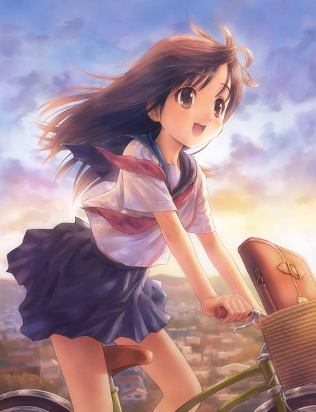 Anime picture 4175x5443 with goto p single tall image highres short hair open mouth brown hair brown eyes absurdres sky wind girl serafuku school bag ground vehicle sailor suit bicycle