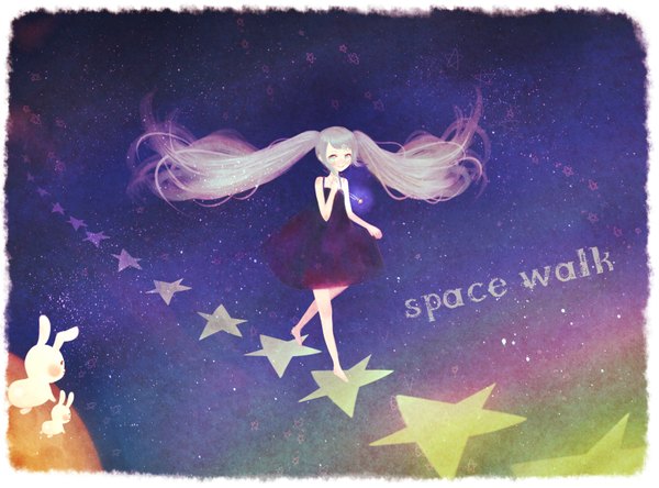 Аниме картинка 1620x1200 с вокалоид хацунэ мику haco (artist) длинные волосы два хвостика закрытые глаза босиком идёт космос девушка платье животное звезда (символ) звезда (звёзды) ювелирные украшения кролик