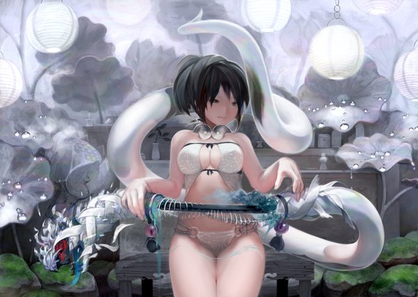 Anime picture 1280x912 with thinnesta single short hair light erotic black hair brown eyes cleavage ponytail abstract bone (bones) girl underwear panties flower (flowers) animal water drop lantern snake vase moss