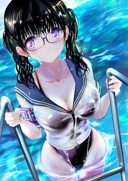 Anime picture 1736x2456 with original ogata tei single long hair tall image looking at viewer blush fringe highres breasts light erotic black hair hair between eyes large breasts purple eyes twintails cleavage light smile partially submerged wet clothes