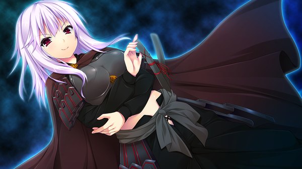 Anime picture 1280x720 with harvest overray giga single long hair smile red eyes wide image looking away game cg white hair dark background girl weapon sword katana