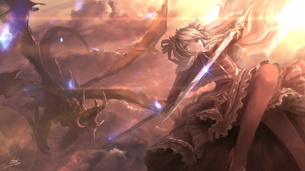 Anime picture 1600x900 with brave frontier (game) priscilla (brave frontier) litkung long hair blue eyes blonde hair wide image holding signed looking away cloud (clouds) bent knee (knees) sunlight high heels flying fantasy dual wielding girl dress hair ornament