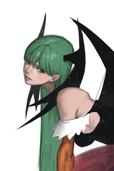 Anime picture 800x1193 with vampire / darkstalkers (game) capcom morrigan aensland or seven single long hair tall image fringe breasts simple background white background bare shoulders green eyes looking away green hair lips head wings bat wings girl wings