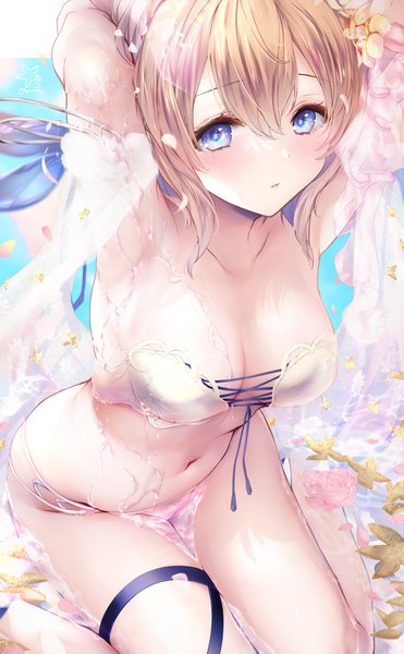 Anime picture 2123x3431 with granblue fantasy europa (granblue fantasy) amiko (frostedchocolate) single tall image looking at viewer blush fringe highres short hair breasts blue eyes light erotic blonde hair hair between eyes large breasts sitting cleavage parted lips hair flower
