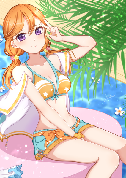 Anime picture 1302x1842 with hello!!! love live! sunrise (studio) love live! shibuya kanon ariria (nanayuri) single long hair tall image looking at viewer blush fringe breasts light erotic smile hair between eyes purple eyes twintails arm up orange hair low twintails