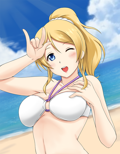 Anime picture 800x1022 with love live! school idol project sunrise (studio) love live! ayase eli fuuma nagi single long hair tall image blush open mouth blue eyes light erotic blonde hair sky cloud (clouds) ponytail one eye closed wink girl navel