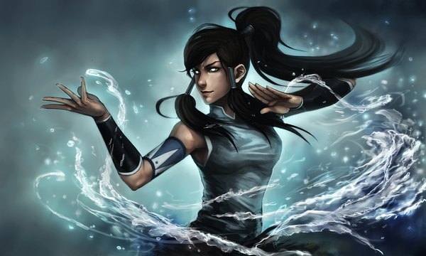 Аниме картинка 2000x1200 с аватар: легенда о корре korra ninjatic один (одна) длинные волосы высокое разрешение чёрные волосы широкое изображение причёска конский хвост реалистичный магия голубой фон пустые глаза девушка вода браслет