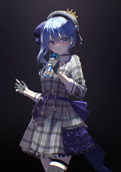 Anime picture 2480x3508 with virtual youtuber hololive hoshimachi suisei hoshimachi suisei (1st costume) nuji single long hair tall image fringe highres blue eyes simple background hair between eyes blue hair side ponytail black background girl dress gloves choker