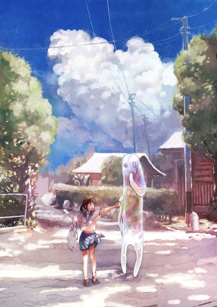 Anime picture 1800x2546 with original plasm (gyuunyuu) tall image highres brown hair cloud (clouds) ponytail tears summer ghost transparent girl uniform plant (plants) school uniform tree (trees) food sweets bag ice cream