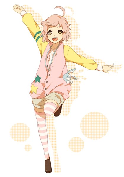 Anime picture 728x1040 with brothers conflict idea factory asahina wataru sekina single tall image looking at viewer short hair open mouth brown eyes pink hair ahoge spread arms thighhighs boy toy stuffed animal striped thighhighs stuffed rabbit