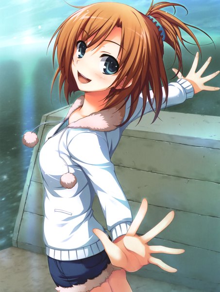 Anime picture 2648x3500 with kimi to issho ni harada taiko tomose shunsaku single tall image looking at viewer blush fringe highres short hair open mouth blue eyes brown hair standing looking back sunlight one side up happy spread arms girl