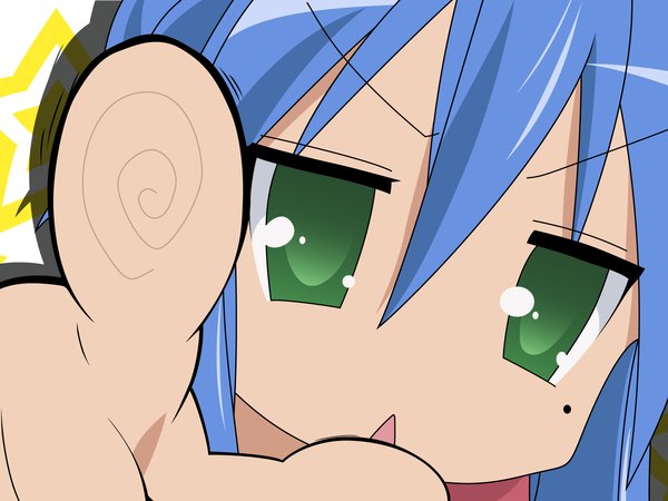 Anime picture 1600x1200 with lucky star kyoto animation izumi konata single long hair looking at viewer fringe open mouth hair between eyes green eyes blue hair mole mole under eye close-up pointing pointing at viewer girl