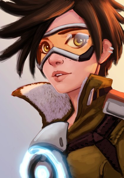 Anime picture 1024x1467 with overwatch blizzard entertainment tracer (overwatch) carlos eduardo single tall image short hair brown hair yellow eyes lips piercing girl goggles clothes