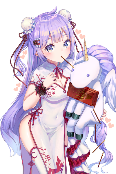 Anime picture 1000x1500 with azur lane unicorn (azur lane) unicorn (spring's present) (azur lane) ruda (ruda e) single long hair tall image looking at viewer blush light erotic white background purple eyes cleavage purple hair ahoge traditional clothes hair bun (hair buns) two side up covered navel chinese clothes