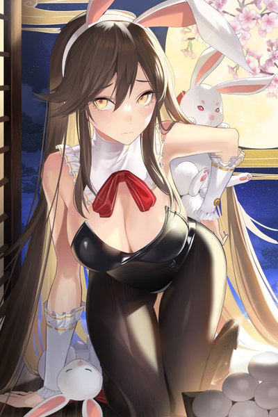 Anime picture 3000x4500 with original mamima single tall image blush fringe highres breasts light erotic hair between eyes brown hair large breasts animal ears yellow eyes payot looking away cleavage very long hair multicolored hair night