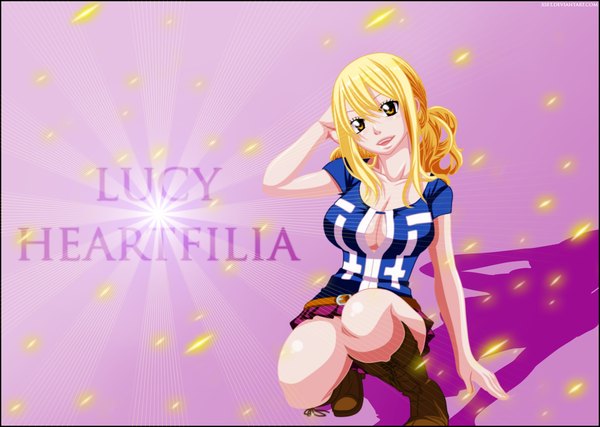 Anime picture 1440x1026 with fairy tail lucy heartfilia xset single long hair open mouth light erotic blonde hair smile brown eyes inscription coloring squat pink background girl miniskirt thigh boots