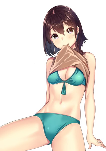 Anime picture 1280x1810 with original kagematsuri single tall image looking at viewer short hair breasts light erotic black hair white background holding brown eyes mouth hold girl navel swimsuit bikini