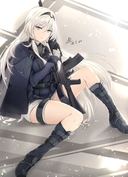 Anime picture 1800x2500 with girls frontline an-94 (girls frontline) zhishi ge fangzhang single long hair tall image looking at viewer fringe highres simple background hair between eyes sitting holding signed payot silver hair full body bent knee (knees) aqua eyes dated