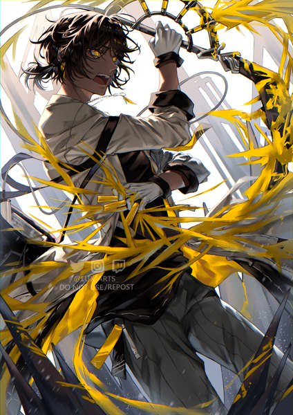 Anime picture 827x1169 with arknights thorns (arknights) lux casari single tall image short hair open mouth brown hair yellow eyes looking away ponytail dark skin boy gloves weapon white gloves pendant