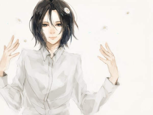 Anime picture 1333x1000 with harry potter severus snape yon (artist) single short hair black hair smile white background green eyes boy flower (flowers) shirt hands