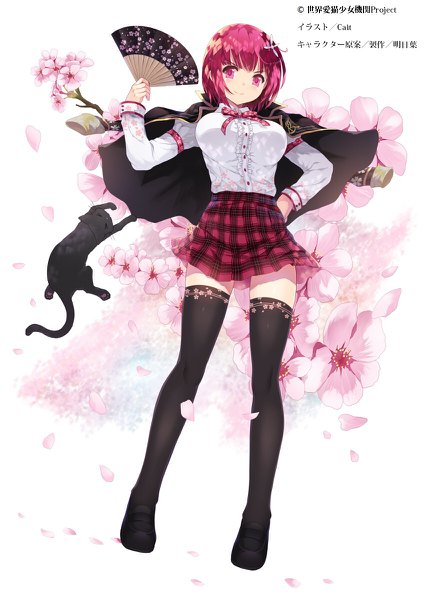 Anime picture 848x1200 with cait tall image short hair red eyes red hair zettai ryouiki hand on hip cherry blossoms girl thighhighs skirt flower (flowers) black thighhighs miniskirt animal shirt petals cat fan