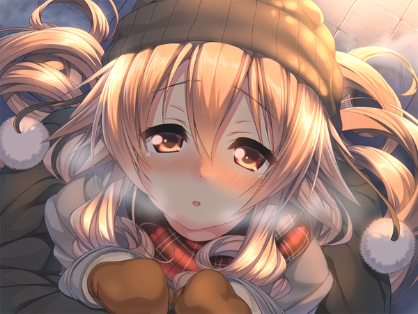 Anime picture 1024x768 with amakano hoshikawa koharu piromizu long hair looking at viewer blush fringe open mouth blonde hair brown eyes game cg outdoors fingernails from above orange hair :o orange eyes drill hair looking up exhalation