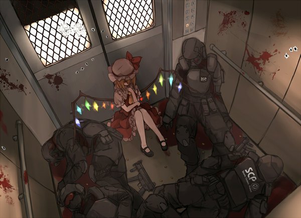 Anime picture 1000x725 with touhou flandre scarlet xiao qiang (overseas) single fringe short hair blonde hair sitting lying from above glowing death girl dress bow hat wings shoes gun blood