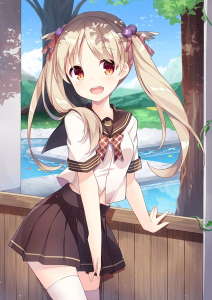 Anime picture 1447x2046 with original moe2019 amemiya ruki single long hair tall image looking at viewer blush fringe open mouth blonde hair smile standing twintails sky cloud (clouds) outdoors :d pleated skirt wind