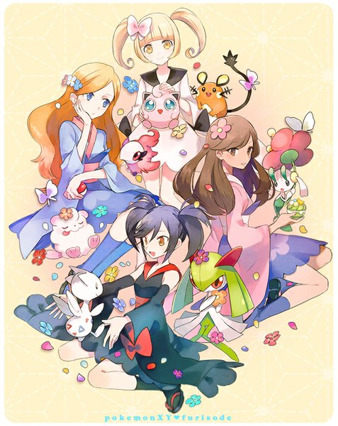 Anime picture 636x800 with pokemon pokemon xy nintendo jigglypuff dedenne kirlia togetic floette swirlix spritzee furisode girl (pokemon) furisode girl karen furisode girl kirika furisode girl asami furisode girl shione hou (ppo) long hair tall image looking at viewer short hair