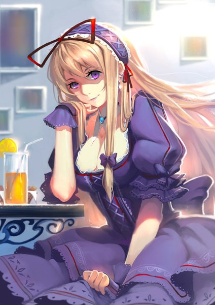 Anime picture 1357x1920 with touhou yakumo yukari sola7764 single long hair tall image looking at viewer blonde hair sitting purple eyes cleavage girl bow ribbon (ribbons) wrist cuffs table drink glass headscarf
