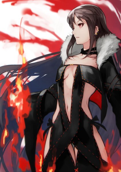 Anime-Bild 1058x1500 mit fate (series) fate/grand order yu mei-ren (fate) yoshio (55level) single tall image breasts light erotic red eyes brown hair standing payot looking away very long hair profile wide sleeves fur trim thigh gap piercing ear piercing