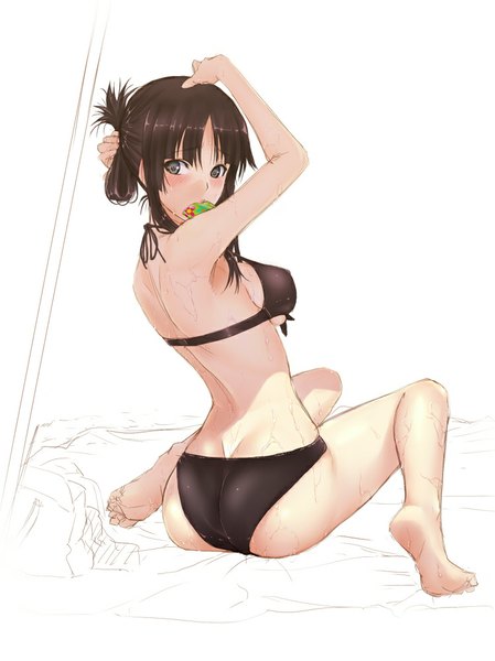 Anime picture 749x1000 with k-on! kyoto animation akiyama mio zucchini single long hair tall image looking at viewer blush breasts light erotic black hair simple background white background sitting holding looking back barefoot black eyes midriff