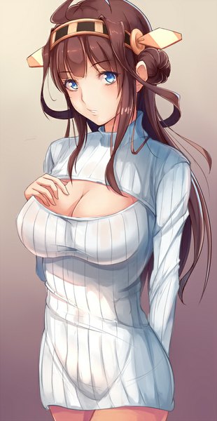 Anime picture 466x900 with kantai collection kongou battleship liu guniang single long hair tall image looking at viewer blush fringe breasts blue eyes light erotic brown hair large breasts standing cleavage ahoge hand on chest girl headband