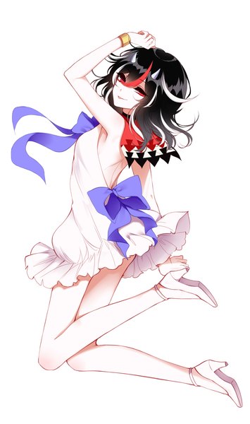 Anime picture 1750x2960 with touhou kijin seija sheya single tall image looking at viewer fringe highres black hair simple background smile hair between eyes red eyes white background full body bent knee (knees) multicolored hair arm up horn (horns) from behind