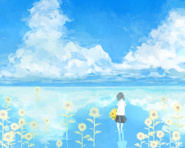 Anime picture 1280x1024 with original anbivarens (artist) single black hair sky cloud (clouds) from behind reflection landscape girl skirt uniform school uniform water sunflower