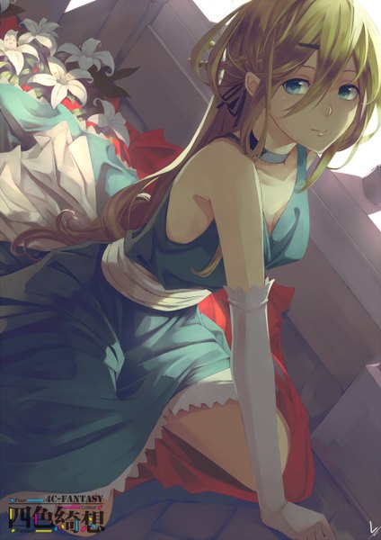 Anime picture 1000x1414 with vocaloid lily (vocaloid) liuli (llc) single long hair tall image blue eyes blonde hair bare shoulders girl dress gloves flower (flowers) elbow gloves