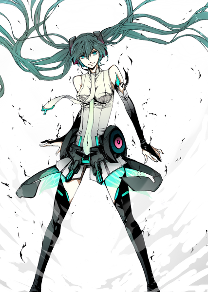 Anime picture 1227x1724 with vocaloid vocaloid append hatsune miku hatsune miku (append) nekono mimiko (fleur-de-lis) single long hair tall image smile twintails aqua eyes aqua hair girl thighhighs detached sleeves necktie