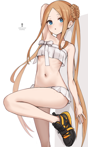 Anime picture 621x1036 with fate (series) fate/grand order nike abigail williams (fate) abigail williams (swimsuit foreigner) (fate) kopaka (karda nui) single tall image blush blue eyes light erotic blonde hair standing twintails very long hair :o standing on one leg arm behind head girl navel
