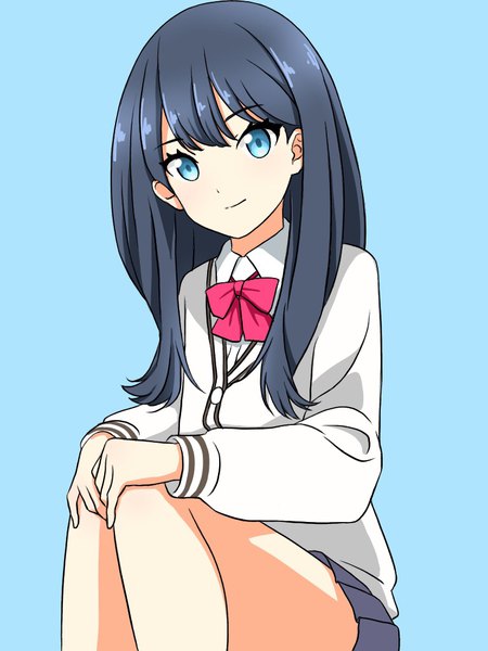 Anime picture 768x1024 with gridman universe ssss.gridman studio trigger takarada rikka goto single long hair tall image looking at viewer blush fringe blue eyes black hair simple background sitting long sleeves light smile blue background hand on knee girl