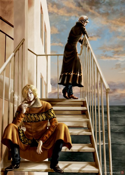 Anime picture 921x1289 with one piece toei animation sanji trafalgar law oregano551 tall image short hair blue eyes black hair blonde hair sitting holding signed looking away sky cloud (clouds) outdoors parted lips profile multiple boys