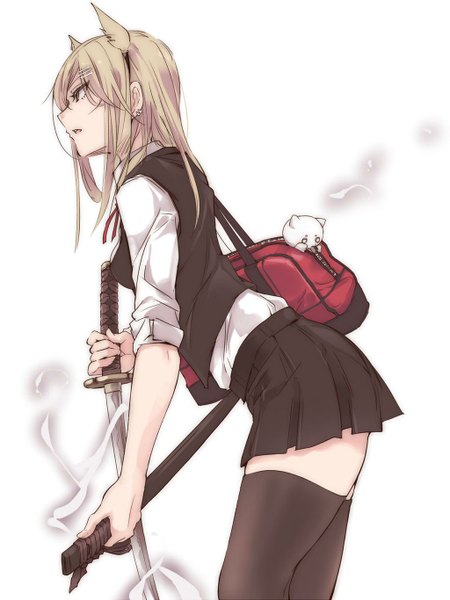 Anime picture 1024x1365 with original touma raito single long hair tall image simple background blonde hair white background animal ears looking away parted lips profile arched back girl thighhighs skirt uniform hair ornament weapon school uniform