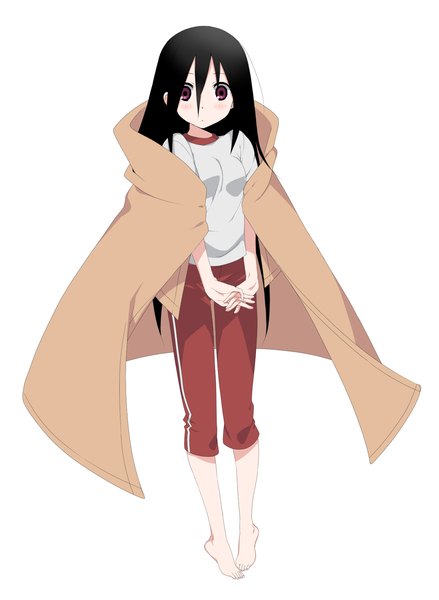 Anime picture 1253x1712 with sayonara zetsubou sensei shaft (studio) komori kiri ekra single long hair tall image blush black hair simple background red eyes white background barefoot legs girl uniform gym uniform blanket