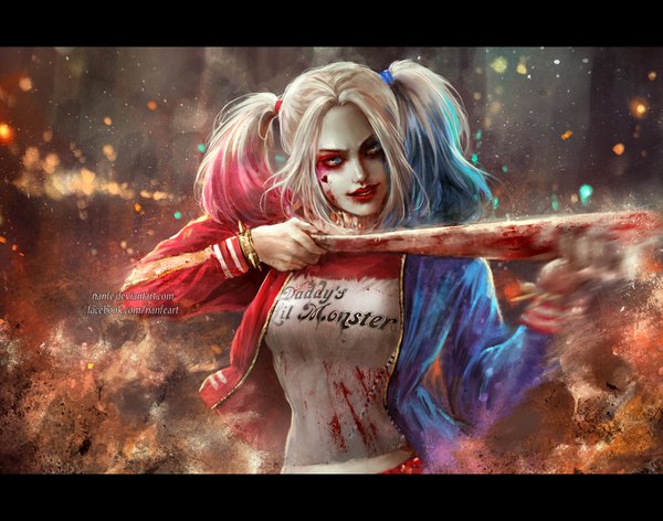 Anime picture 1650x1300 with batman suicide squad dc comics harley queen nanfe single long hair blue eyes blonde hair twintails holding looking away parted lips multicolored hair inscription open jacket lipstick torn clothes letterboxed eyeshadow