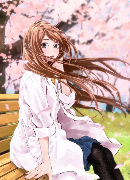 Anime picture 1488x2048 with radiation house amakasu an mori taishi single long hair tall image looking at viewer brown hair sitting green eyes outdoors wind arm support official art cherry blossoms twisty sleeves spring girl plant (plants) pantyhose