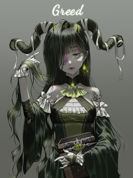 Anime picture 1500x2000 with original samsoon single long hair tall image looking at viewer fringe breasts simple background standing bare shoulders holding green eyes cleavage horn (horns) green hair lips pointy ears hair over one eye inscription