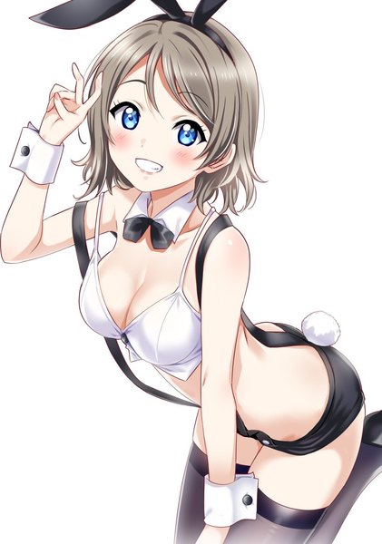 Anime picture 822x1170 with love live! sunshine!! sunrise (studio) love live! watanabe you rozen5 single tall image looking at viewer blush fringe short hair blue eyes light erotic simple background smile white background animal ears tail animal tail fingernails